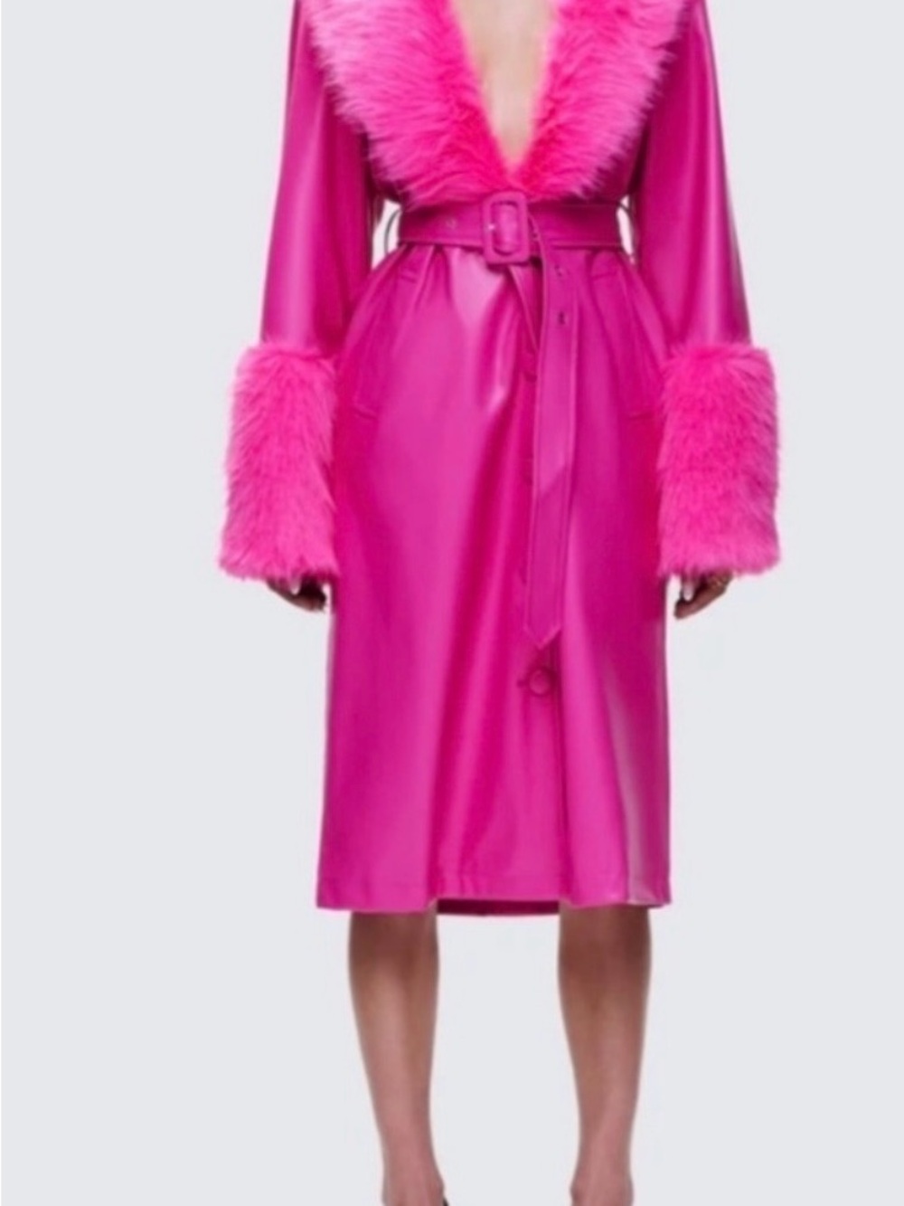 Hot Pink Faux Leather Trench with Faux Fur Trim